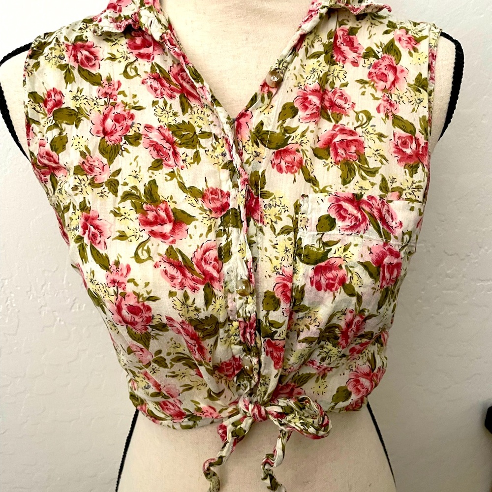 Vintage Floral Collared Button Tie Tank M